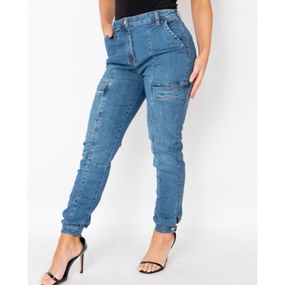 Blue High Waist Denim Jeans Cargo Utility Joggers Jogger Pants - Picture 6 of 11